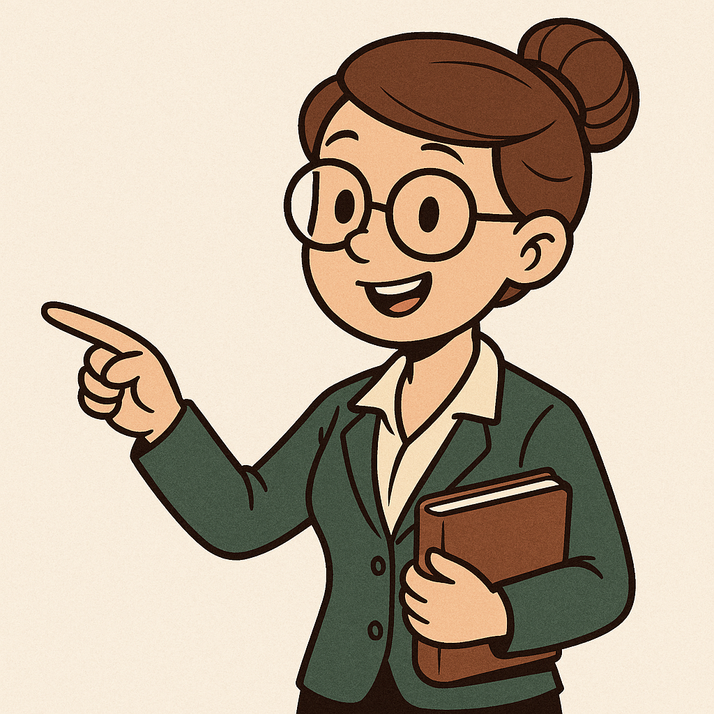Cartoon illustration of a woman wearing a green outfit, standing and holding an open book in front of her.